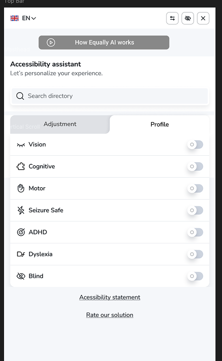 Equally AI accessibility assistant with profiles for vision, cognitive, motor, seizure safe, ADHD, dyslexia and blind users