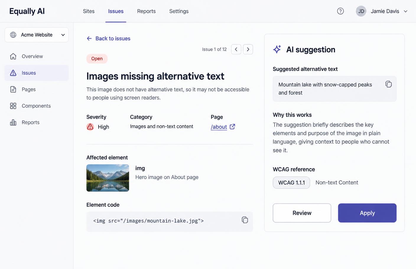 An AI suggestion card with a labelled badge, suggested code fix and review controls
