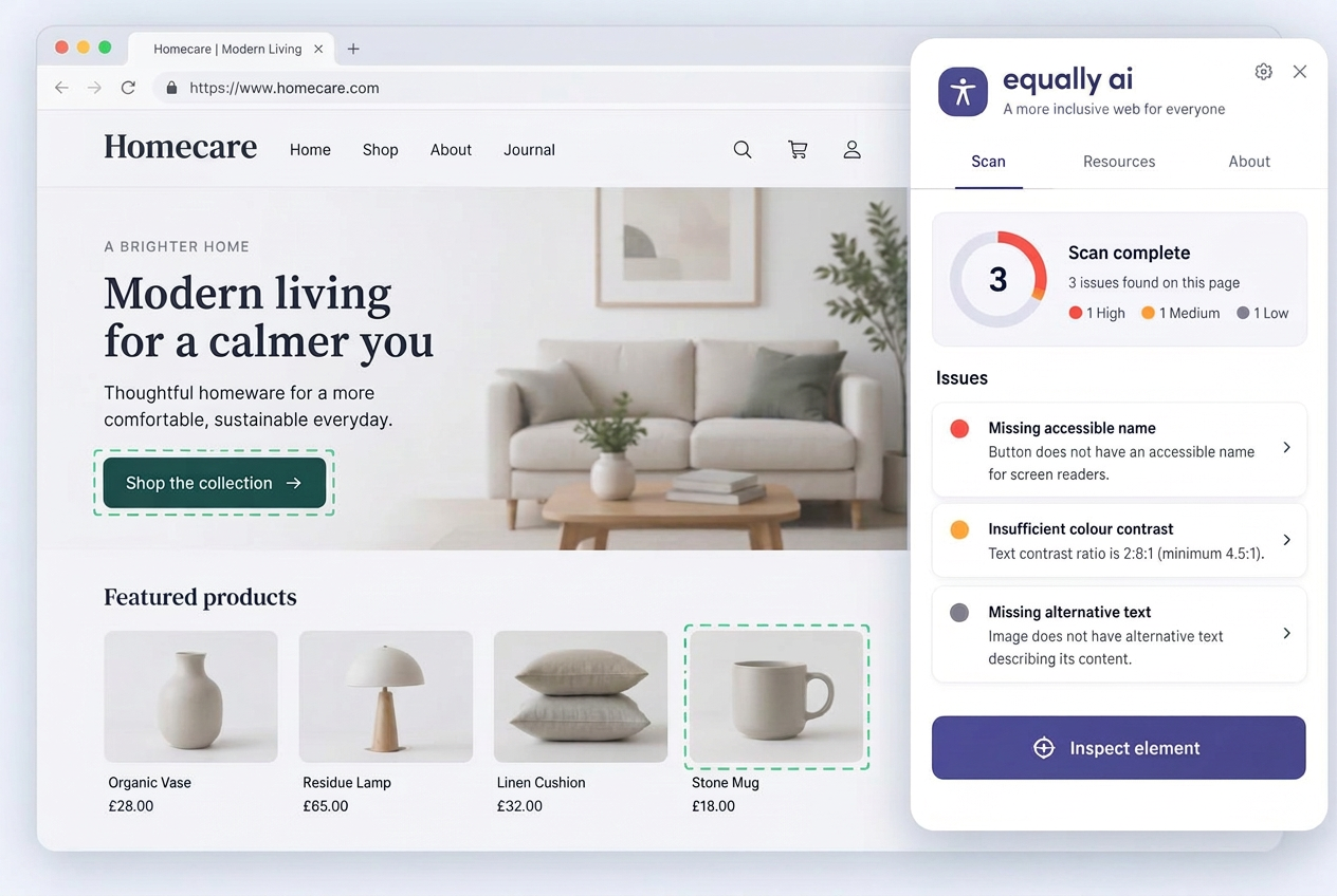 The browser extension scanning a live page and highlighting issues in place