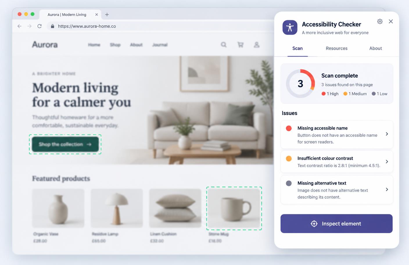 The browser extension scanning a live page and highlighting issues in place