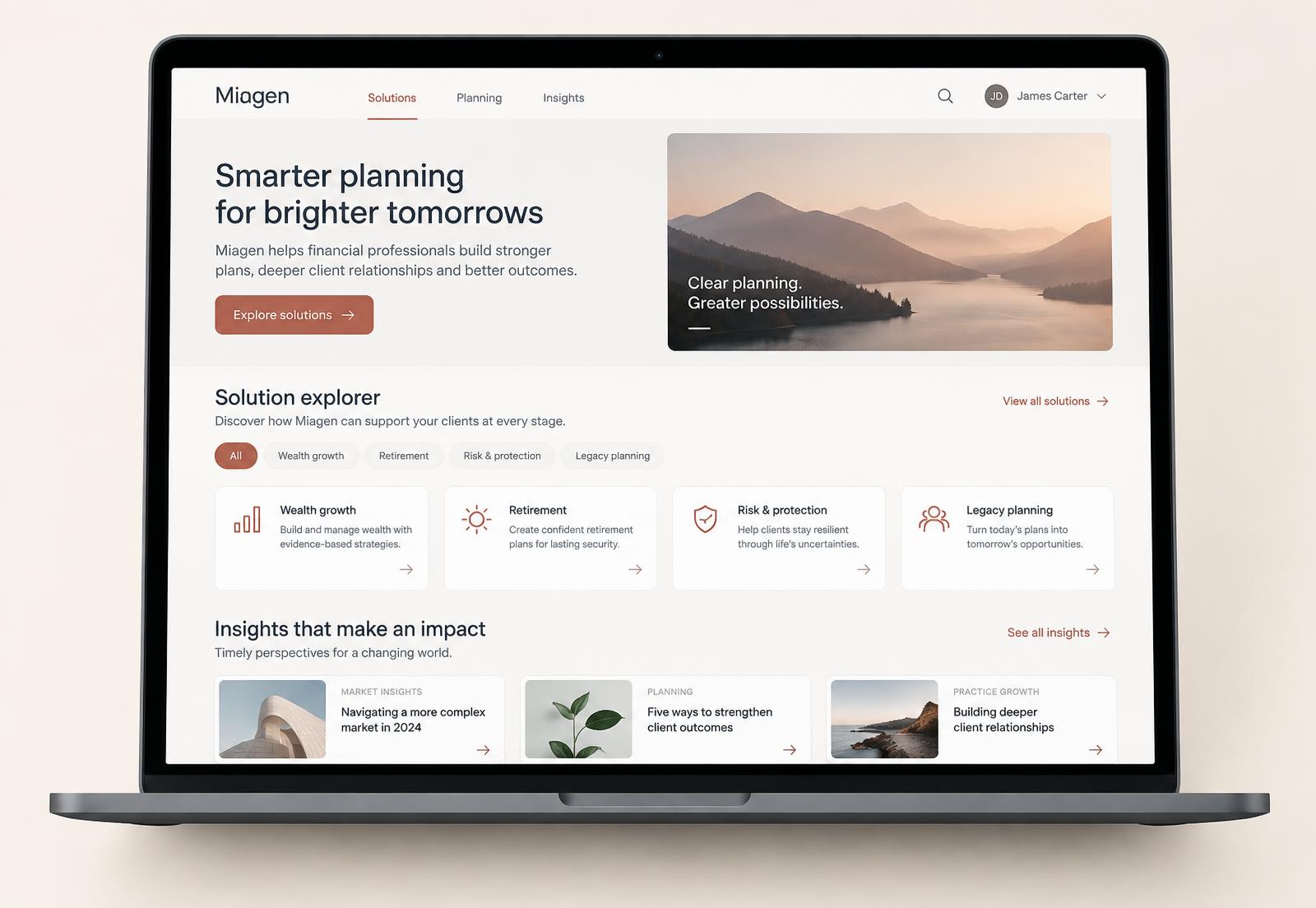 Miagen platform on a laptop showing the solution explorer, planning sections and insight cards