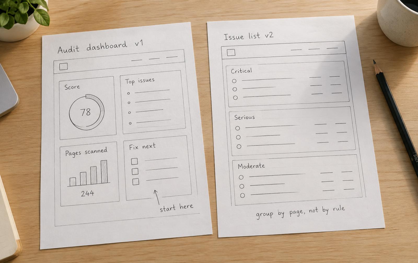 Hand-drawn wireframe sketches of audit and dashboard layouts