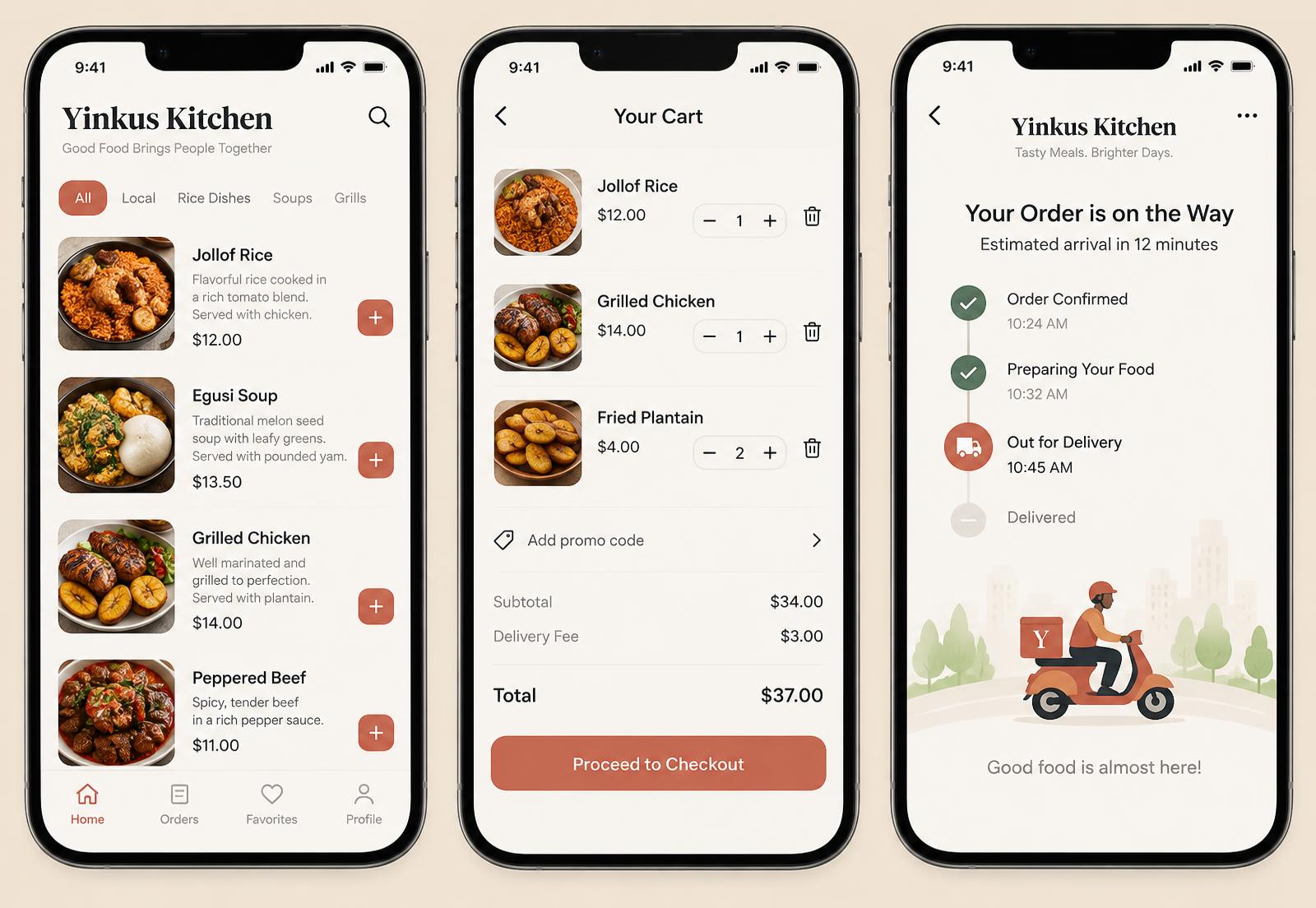 Three Yinkus Kitchen mobile screens showing the menu, the cart and order tracking