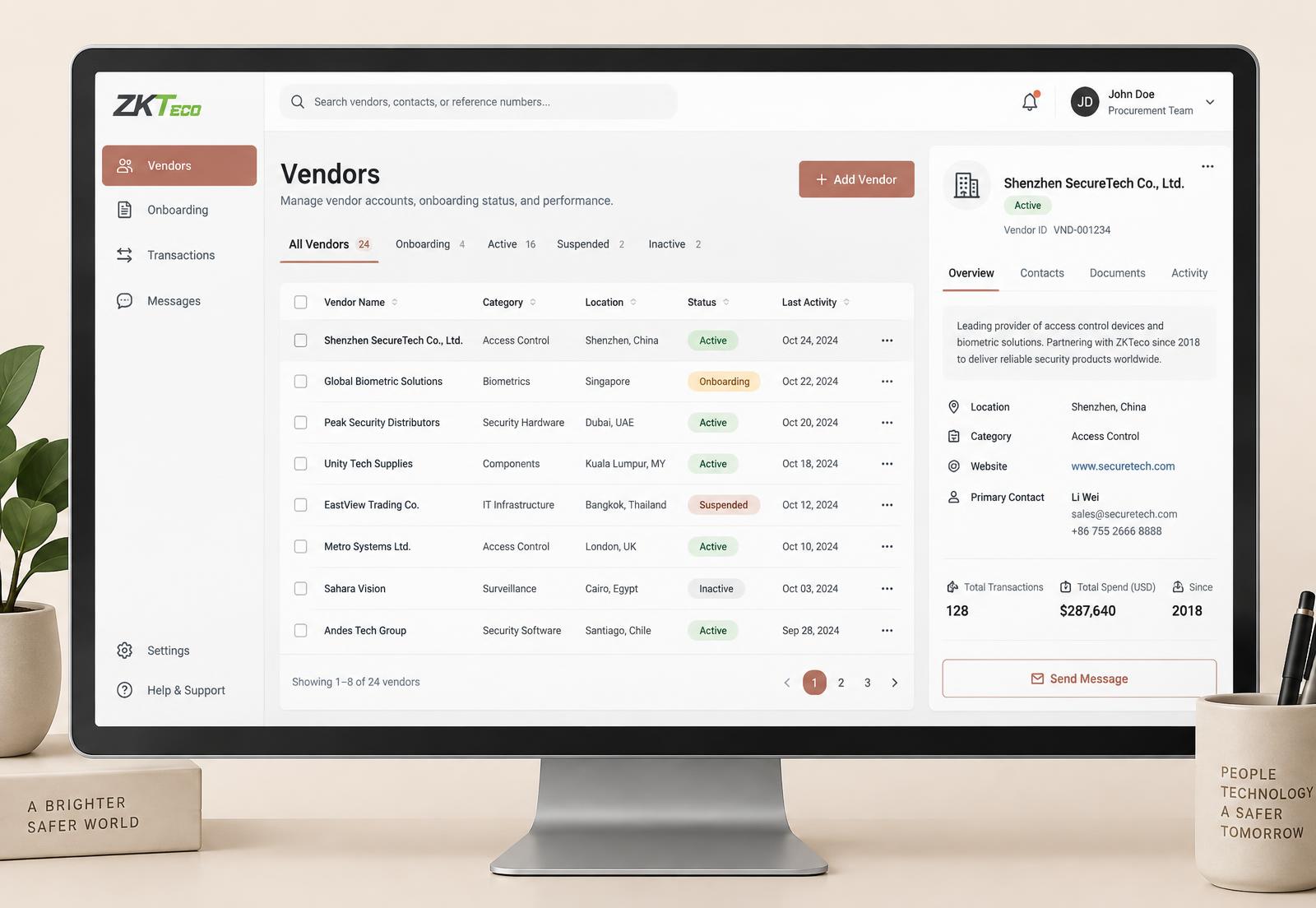 ZKTeco vendor portal showing the vendor list with status tags and a vendor detail panel